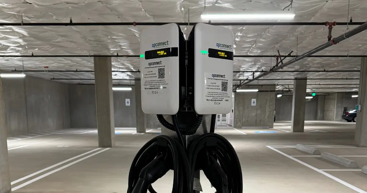 Workplace EV chargers in an office building parking facility