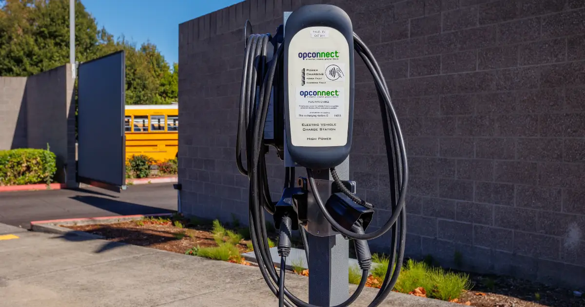 Electric bus charging stations at a transit depot