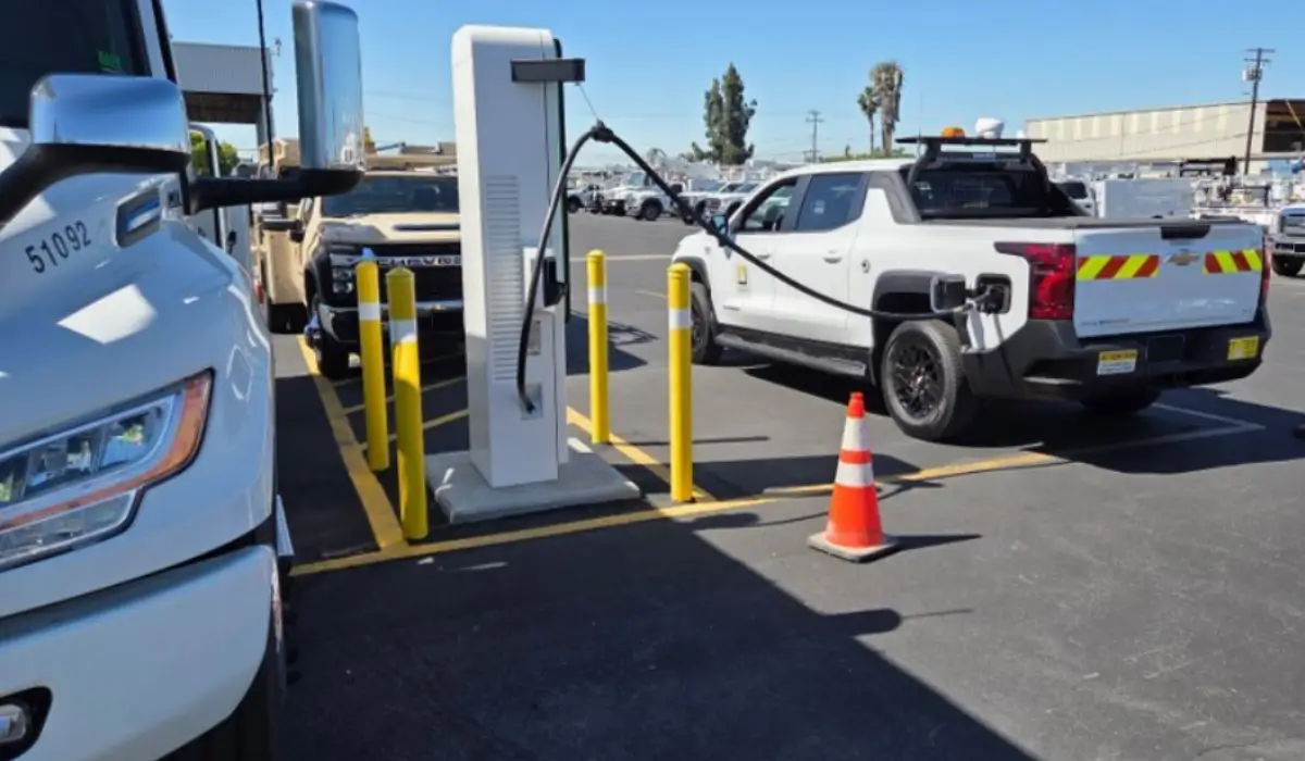 Electric truck charging stations at a fleet depot
