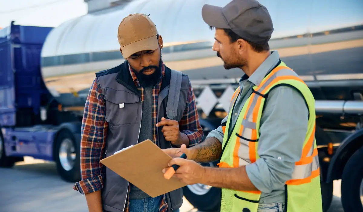 Fleet workers reviewing delivery operations beside a truck, with one worker holding a clipboard.
