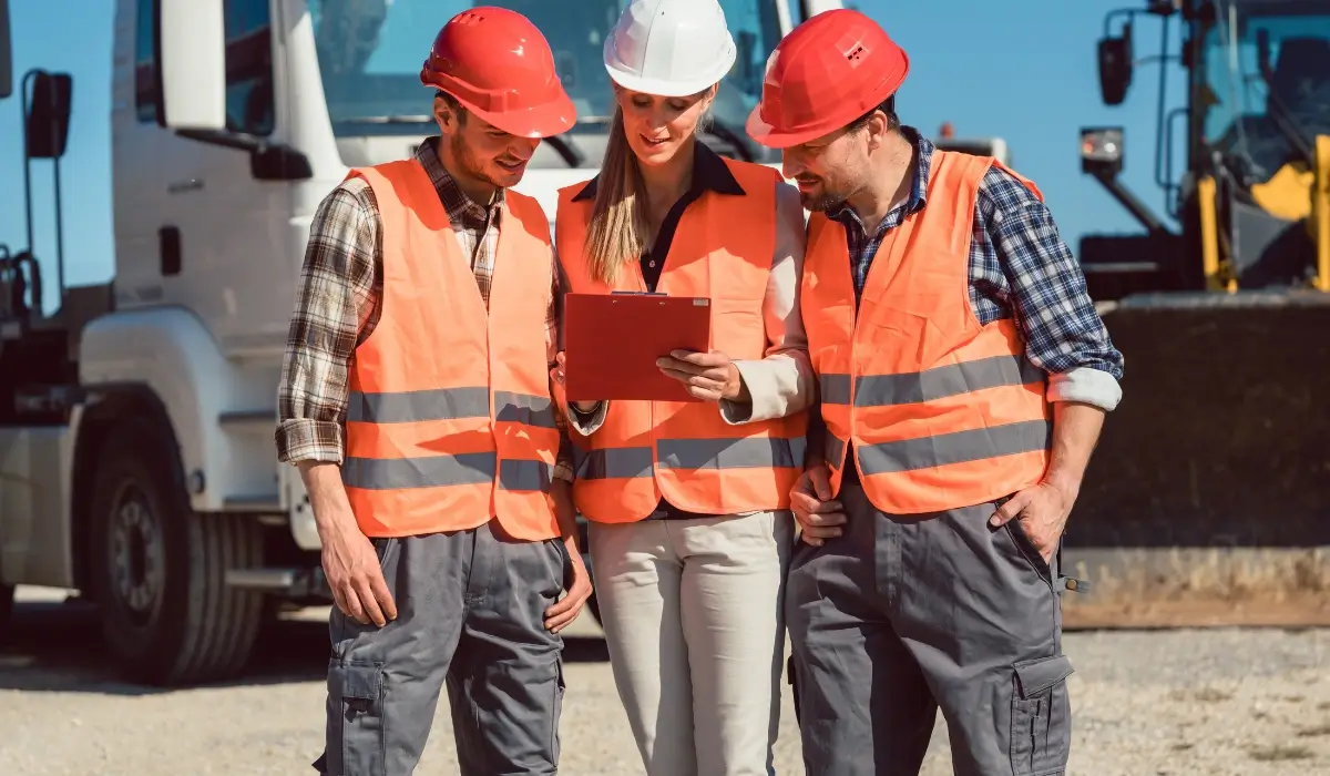 Three fleet workers in safety vests and hard hats reviewing information on a clipboard at a worksite.