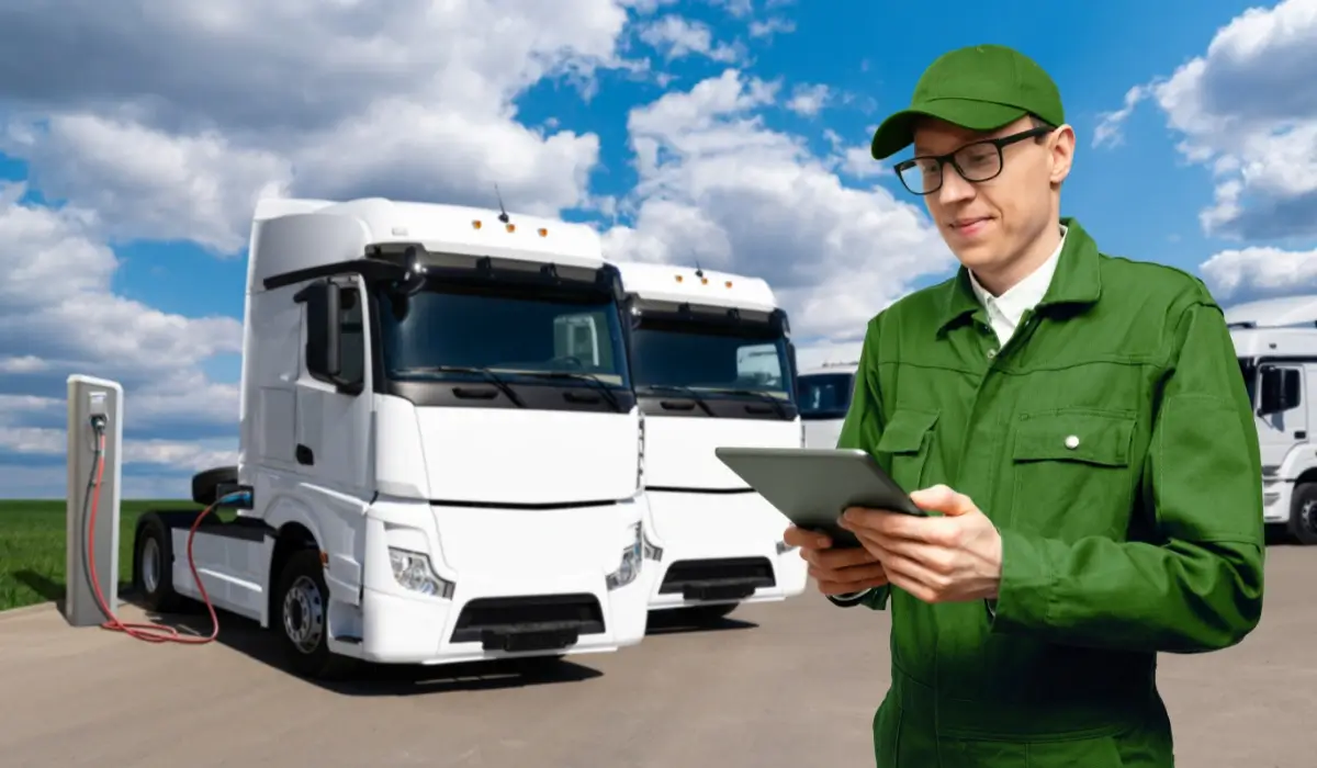 EV trucks charging at a station with a fleet manager using a tablet