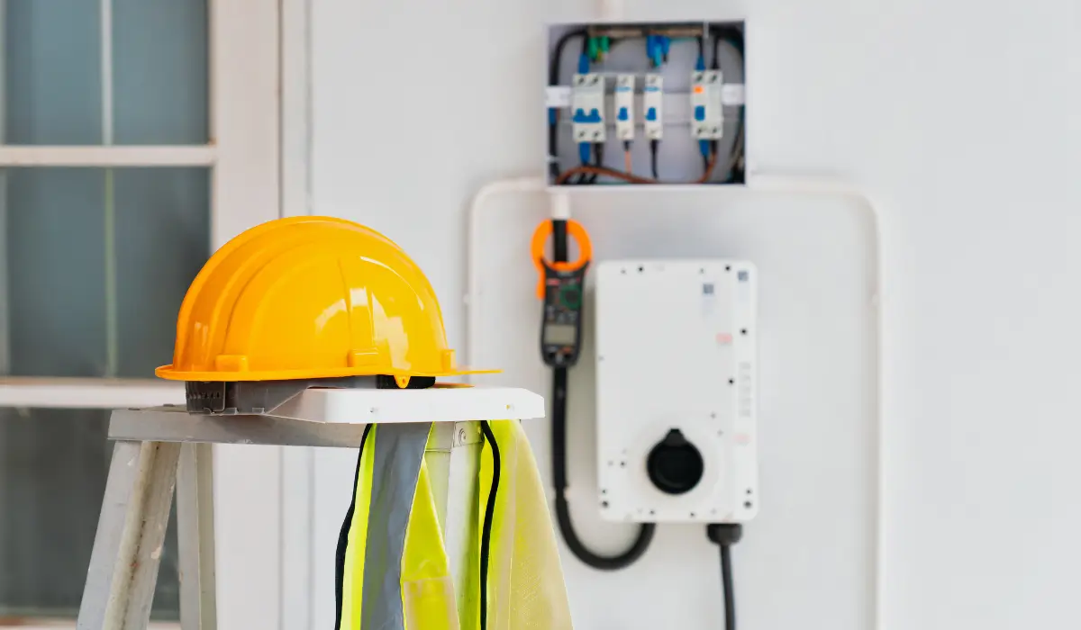 Electric vehicle charging equipment installed on a wall with a hard hat and safety vest in the foreground.