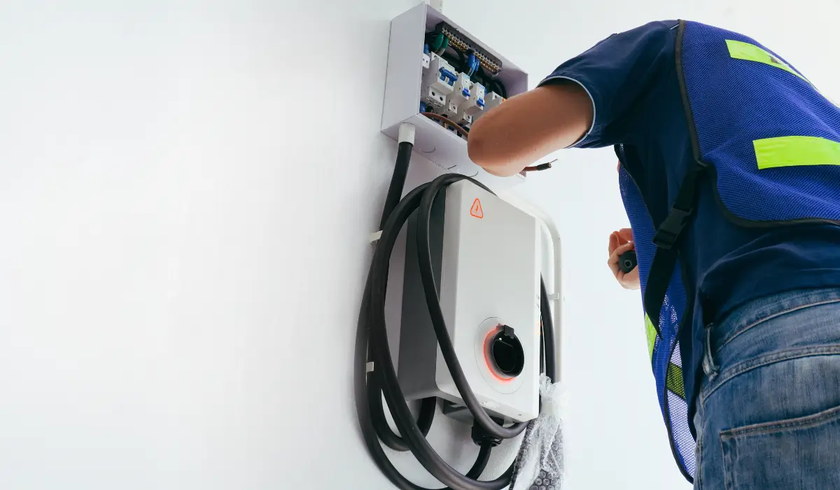An electrician in a blue safety vest installs a wall-mounted electric vehicle (EV) charging station.