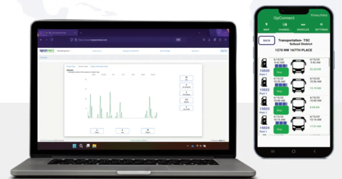 OpConnect EV charging management software on laptop and mobile app showing session data and active fleet charging ports